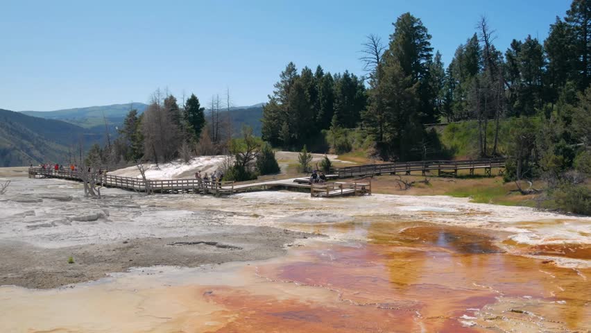Mammoth Hot Springs is a series of hot springs on a hill of travertine in Yellowstone National Park in Wyoming. The travertine was created over thousands of years of calcium carbonate deposits coming