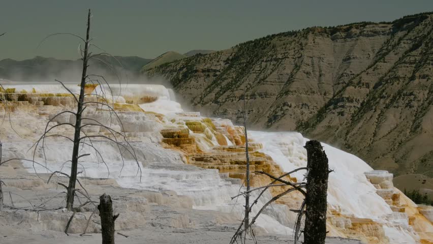 Mammoth Hot Springs in Yellowstone National Park, overhead aerial view from the sky on a beautiful summer day.