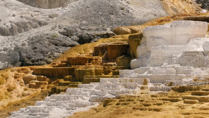 Palette Spring at Mammoth Hot Springs in Yellowstone National Park, Wyoming. Showing the many layers of calcium carbonate deposited over time.