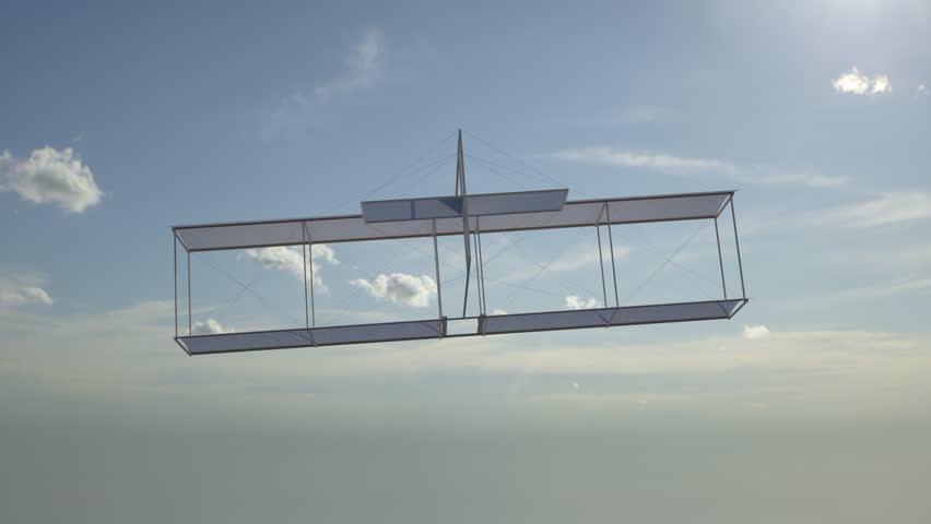 Vintage glider model made from cloth and wood flying during day. 3D animation.