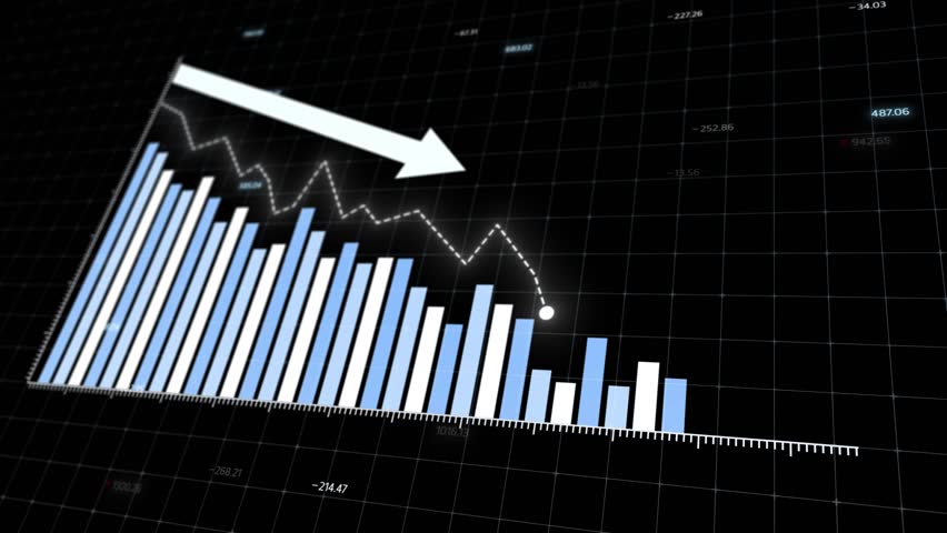 Dynamic financial graph illustrating decreasing losses, blue bar charts with downward trend, black background, conveying market fluctuations and performance analytics. Copy space.