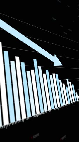 Visual data analysis showing declining profit margins, descending financial bar graphs against black background, trending downward arrows indicating loss, copy space.