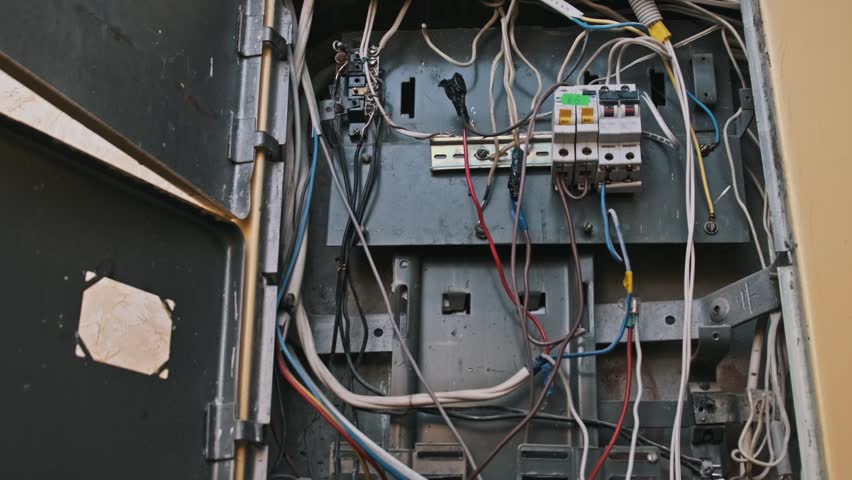 A hand opens an old tan electrical panel door, revealing a complex network of wires and circuit breakers inside, illustrating infrastructure needs.