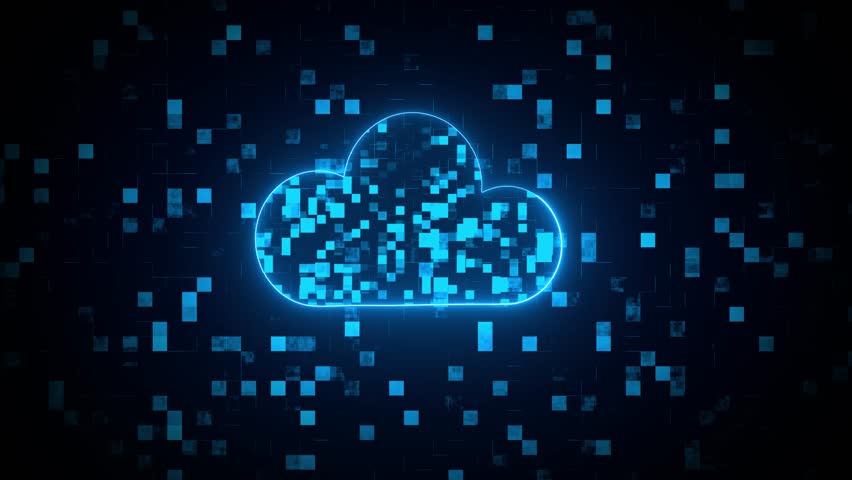 Motion graphic of Blue particle cloud storage logo with futuristic technology icon on abstract background