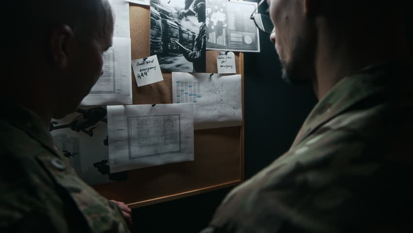 Back view of two military officers in uniform standing by bulletin board with maps, photos and documents while briefing strategy in command center