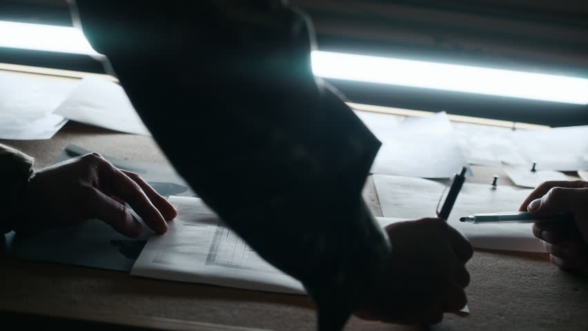 Low angle low key shot of hands of two unrecognizable military agents discussing plans and blueprints in command center