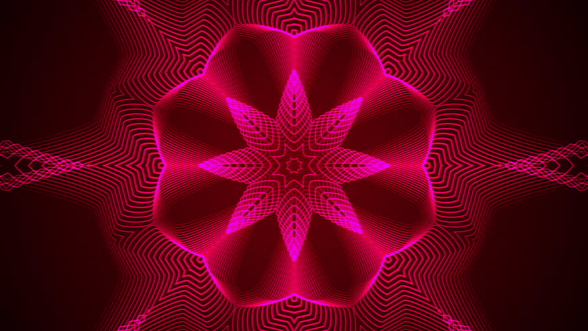 Kaleidoscope background animation in red color with seamless looping. Hypnotic movement. Looped animation of beautiful lines and floral patterns radiating outward and inward
