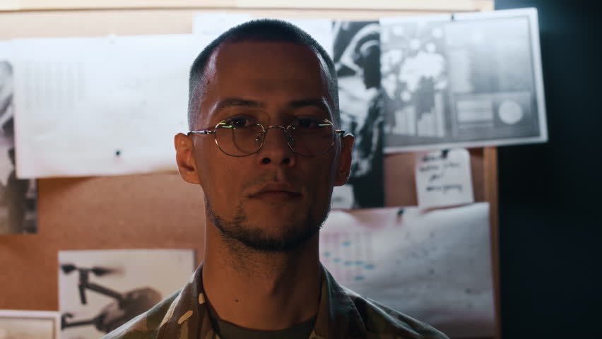 Close up portrait of serious male young military officer wearing glasses looking at camera while working in command center