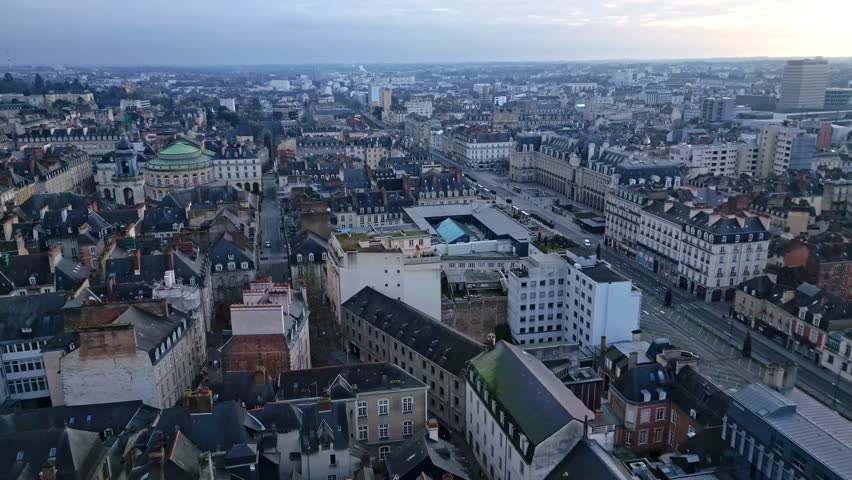Forward drone movement near the Quartier République and Palais du Commerce, Opéra with town hall, Bretagne, Rennes, France.