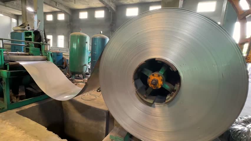 a large-scale pipe factory, stacks of stainless steel bundles gleam under the bright industrial lights. The air hums with the sound of machinery cutting, welding, and shaping metal