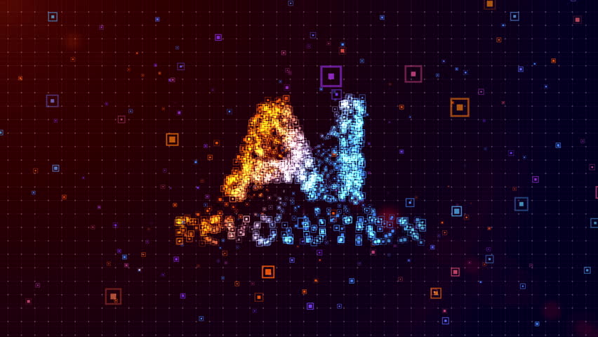 Dynamic animation of AI Revolution text forming from particles and glitch effects over a futuristic cyber grid with motion camera view