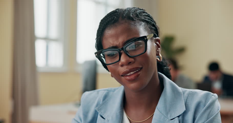 Laughing, listening and video call with business black woman in office for virtual meeting. Development, funny and happy with corporate employee in webinar for online training or upskill lesson