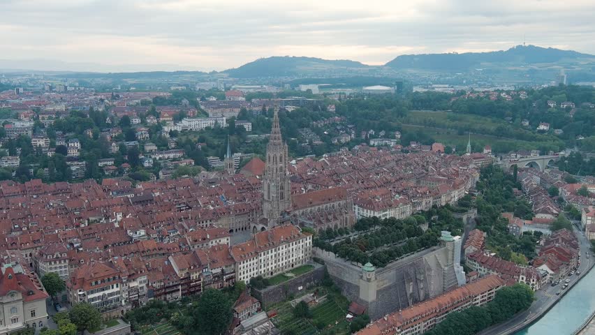 Bern, Switzerland. Bern Cathedral. Panorama of the city with a view of the historical center. Summer morning. Stable, Aerial View, Point of interest