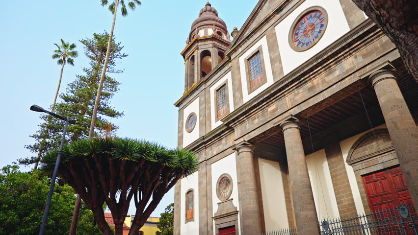 Closeup shot from the outside of the famous Church of San Cristobal de la Laguna in Santa Cruz de Tenerife, Canary Islands, Span.