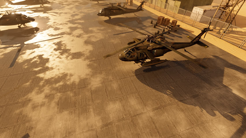 Military Base With Helicopters. Animation On The Theme Of Military Equipment, Transport, Wars And Conflicts	


