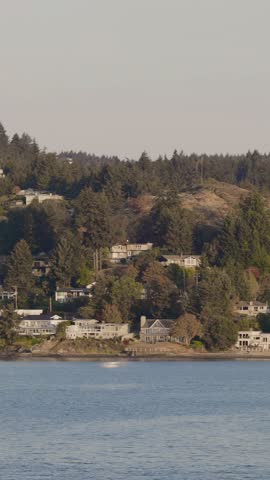 A beautiful view of houses nestled on a hill by the water, with trees, providing a scenic landscape in the Pacific Northwest. British Columbia, Canada.