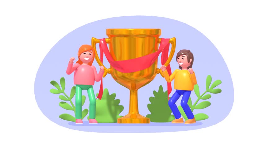 Celebrate victory, win prize, take first place, two women stand near big champion's cup, loop 3d animation video