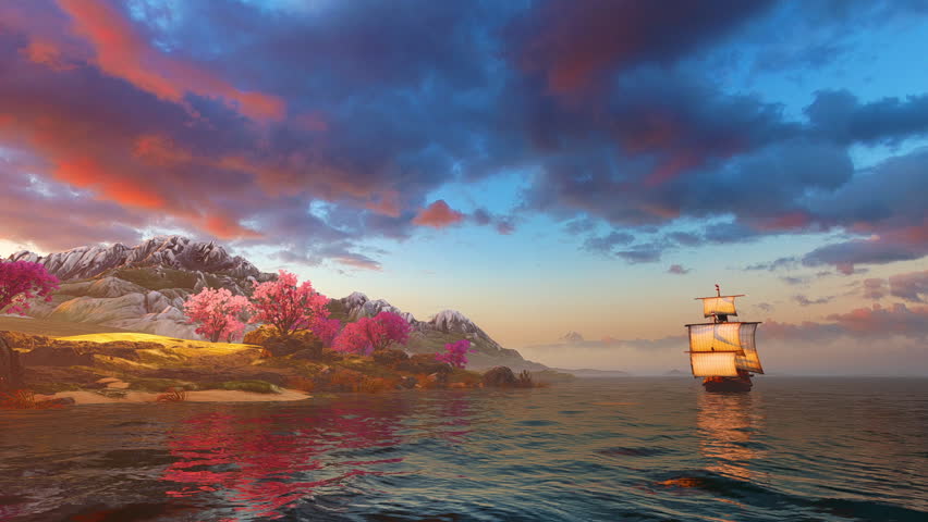 An old sailing ship near a new continent. Illustration on travel, transport and history.	
 