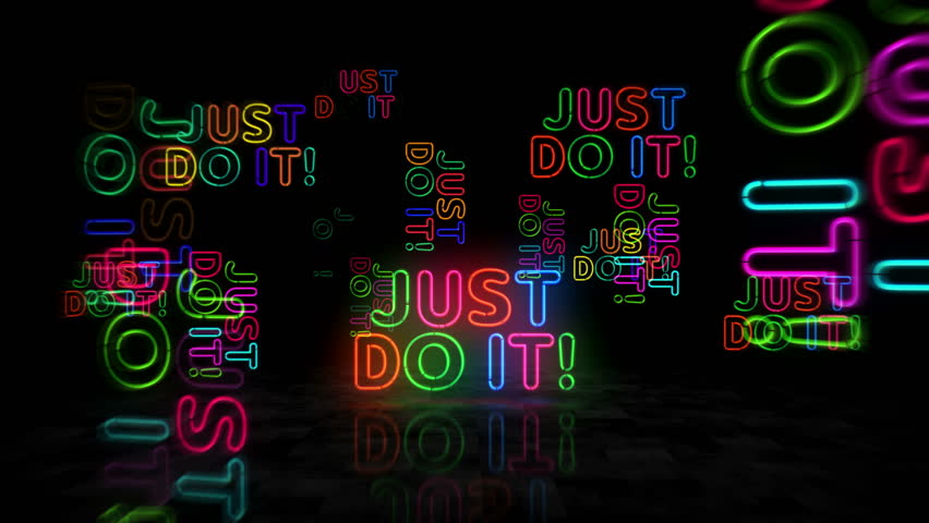 Just do it motivation slogan neon symbol. Light color bulbs. Success inspiration abstract seamless and loopable concept. 3d flying through the tunnel animation.