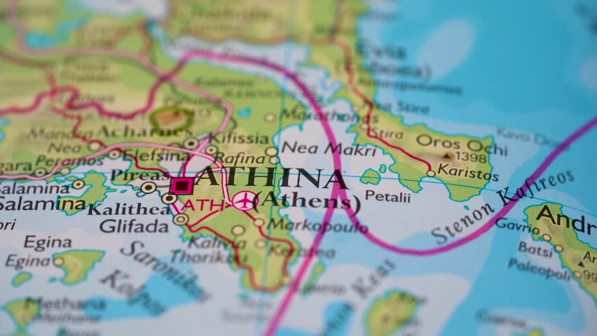 Athens, Greece highlighted on a world map 4K
