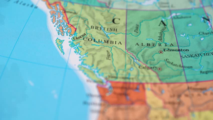 View of British Columbia, Alberta, and Saskatchewan on a world map 4K