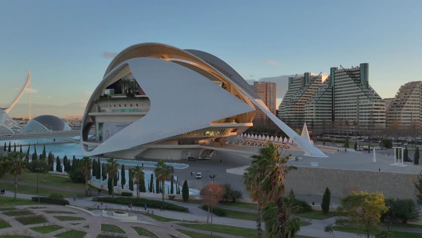 Queen Sofia Palace of Arts, Aerial Hyperlapse around Ciudad de las Artes y las Ciencias In Valencia, Spain during Sunset