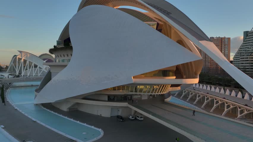 Queen Sofia Palace of Arts, Aerial Hyperlapse around Ciudad de las Artes y las Ciencias In Valencia, Spain during Sunset