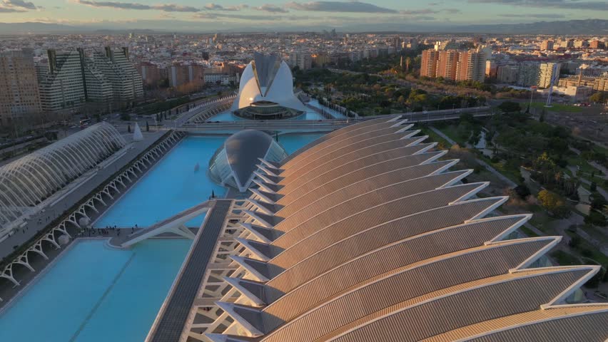 Queen Sofia Palace of Arts, Aerial Hyperlapse around Ciudad de las Artes y las Ciencias In Valencia, Spain during Sunset