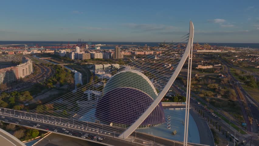 Queen Sofia Palace of Arts, Aerial Hyperlapse around Ciudad de las Artes y las Ciencias In Valencia, Spain during Sunset