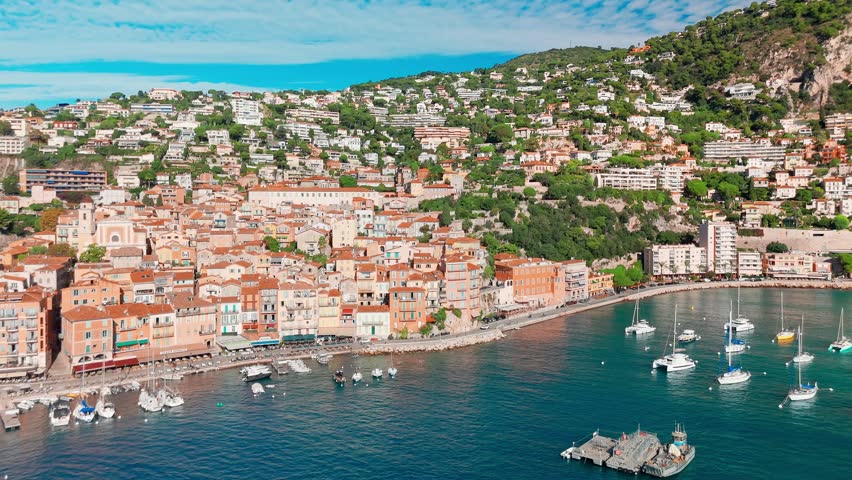 Aerial view of the picturesque town of Villefranche-sur-Mer near Nice, Cote d'Azur, southern France. A popular summer travel destination on the French Riviera.