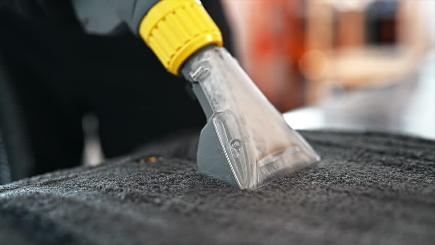 Working cleaner at car wash. Cleaning a carpet using a professional vacuum cleaner. Slow motion