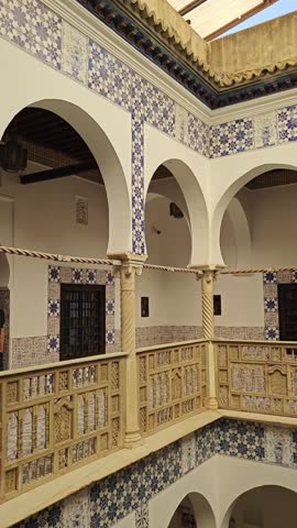 Interior view of a room in the Palais des Raies, with its decoration and its sculpted wooden ceiling, a typical Algerian architecture. Algiers. Algeria