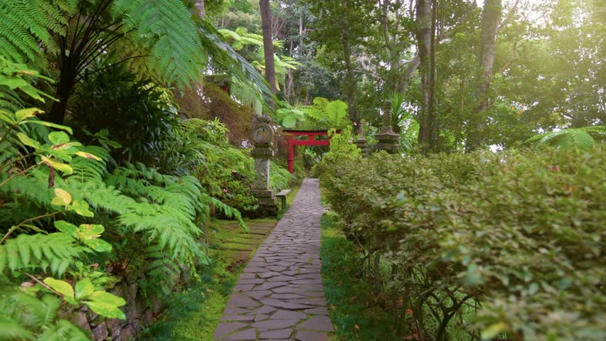 Monte Palace Tropical Garden in Funchal, Madeira, Portugal. Lush greenery and traditional red Japanese-style structures. Walking along paved path in the Jardin Monte park