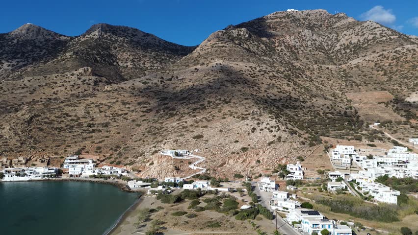 Kamari, Island Sifnos, Greece - September 26th, 2024 - drone fooatge of the town and coastline