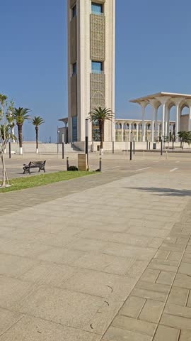 view from the courtyard of the great mosque of Algiers on the minaret, the highest in the world, with its arab-Muslim style decoration and the giant columns. Algiers. Algeria