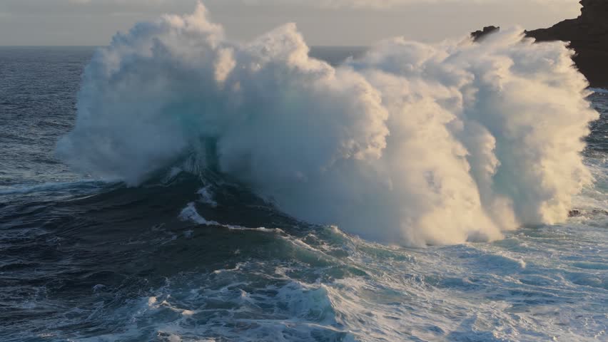 Huge power ocean wave crashing over sunset sky background. Slow motion of stormy ocean surf splashing on the coast of Madeira, Porto Moniz