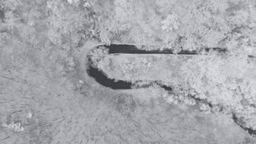 Aerial Drone Footage of Snowfall Over a Winter Forest and Serpentine Road - Capturing the Serenity of Falling Snow and a Snow-Covered Wonderland - Powered by Shutterstock - Get 15% off with code: PIKWIZARD15