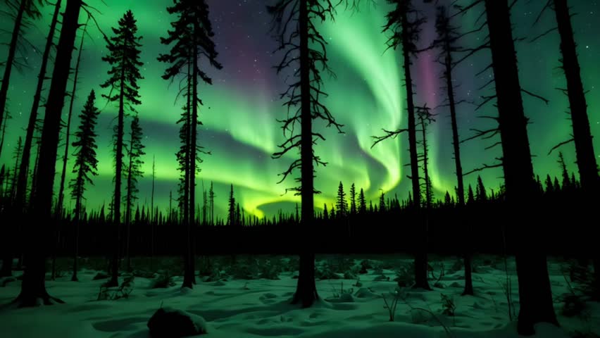 The beautiful aurora borealis dazzles over the snowy forest. Incredible sky phenomenon with sparkling green light.4k background