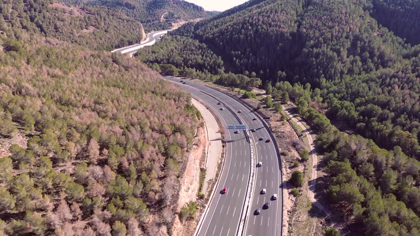 Aerial view of highway amidst mountain range in Puerto de la Cadena, Murcia, Spain