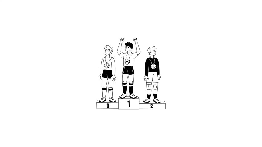 Sport characters standing on winner stage animated illustration in hand drawn style 
