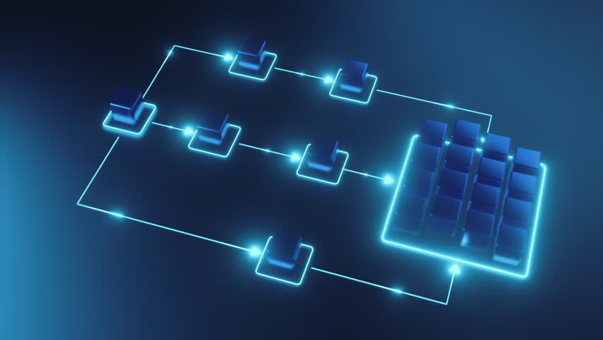 A digital 3D of a futuristic workflow process diagram featuring glowing blue nodes and arrows, representing data flow and business automation.