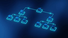 A digital 3D of a glowing blue hierarchical workflow diagram, representing business processes, data flow, and organizational structure in a futuristic style. - Powered by Shutterstock - Get 15% off with code: PIKWIZARD15