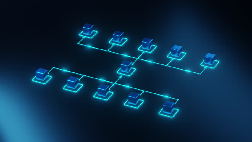 A glowing blue 3D digital of a structured workflow diagram, representing business processes, organizational hierarchy, and data management in a futuristic style.