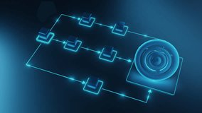 A 3D digital of a glowing blue workflow diagram with interconnected nodes and arrows, symbolizing business processes, strategy, and goal achievement. - Powered by Shutterstock - Get 15% off with code: PIKWIZARD15