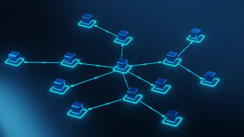 A 3D digital illustration of a glowing blue network diagram, representing business workflow, data exchange, decentralized systems, and digital communication in a futuristic style.