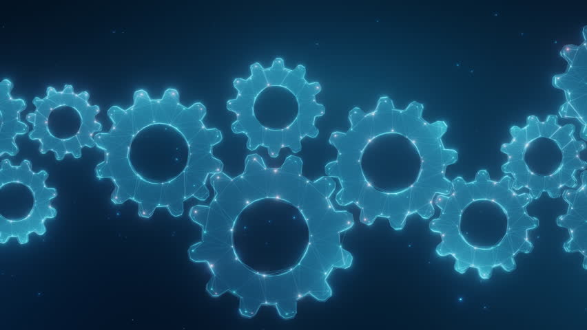 A dynamic 3D digital animation of interconnected glowing gears, symbol business automation, efficiency, teamwork, and technological innovation in a futuristic setting.