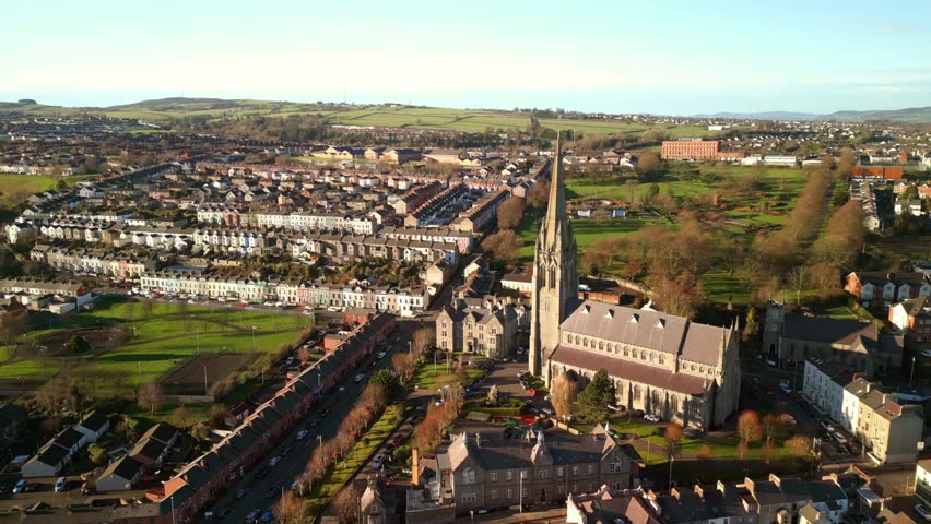 Wide, forward moving aerial shot of St Eugene