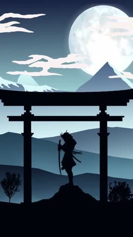 Vertical Samurai Sword Silhouette Landscape 4K loop features a silhouette vector landscape with trees and bushes blowing in the wind and an animated Samurai swordsman in a vertical ratio loop.
