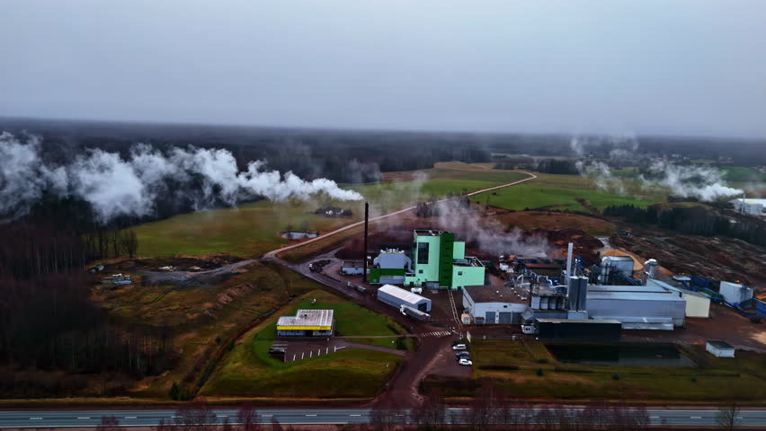 Drone aerial landscape of steam coming from factory facility building plant turbines in rural countryside town with car driving along main road infrastructure industry power energy