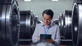 Asian Male Professional Worker Standing With His Tablet In Metal Factory, High-tech Industrial Facility, He Raises His Fist Up With Screaming Goal - Powered by Shutterstock - Get 15% off with code: PIKWIZARD15